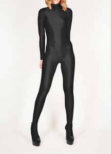 Footed Shiny Black Catsuit