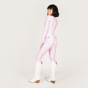 Back zipped Pink plaid print catsuit