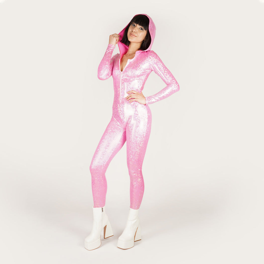 Hooded Shattered Glass Pink Catsuit
