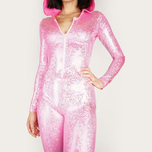 Hooded Shattered Glass Pink Catsuit