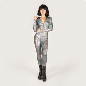 Hooded Shattered Glass Silver Catsuit