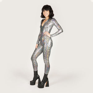 Hooded Shattered Glass Silver Catsuit