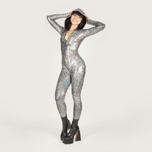 Load image into Gallery viewer, Hooded Shattered Glass Silver Catsuit
