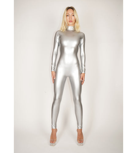 Silver Stretch PU Catsuit