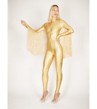 Load image into Gallery viewer, Gold Hologram Catsuit With Fringe Tassels