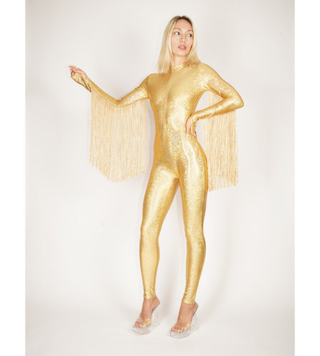Gold Hologram Catsuit With Fringe Tassels