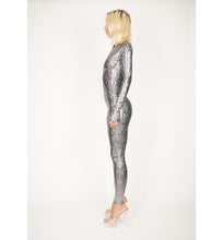 Load image into Gallery viewer, Silver Shattered Glass Hologram Front Zip Catsuit