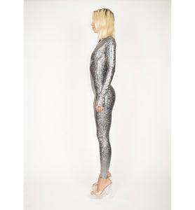 Silver Shattered Glass Hologram Front Zip Catsuit