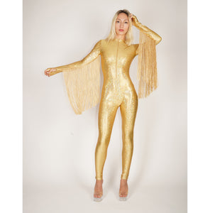 Gold Hologram Catsuit With Fringe Tassels