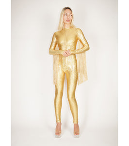Gold Hologram Catsuit With Fringe Tassels
