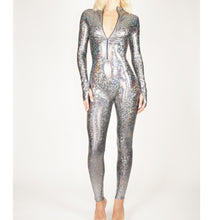 Load image into Gallery viewer, Silver Shattered Glass Hologram Front Zip Catsuit