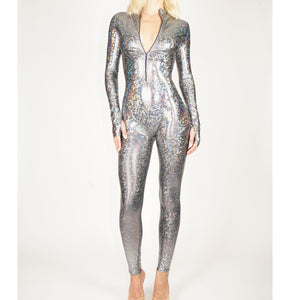 Silver Shattered Glass Hologram Front Zip Catsuit
