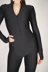 Mermaid Textured Black Front Zip Catsuit