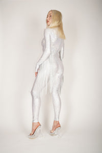 Silver Hologram Catsuit With Fringe Tassels