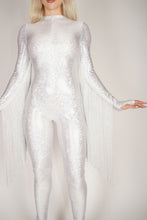 Load image into Gallery viewer, Silver Hologram Catsuit With Fringe Tassels