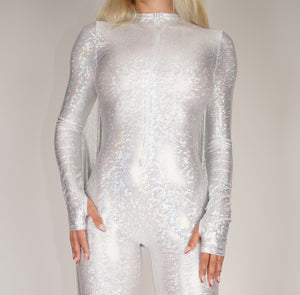 Silver Hologram Catsuit With Fringe Tassels