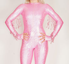 Load image into Gallery viewer, Pink Hologram Catsuit With Fringe Tassels