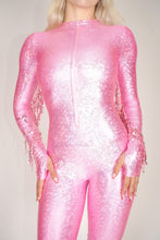 Load image into Gallery viewer, Pink Hologram Catsuit With Fringe Tassels