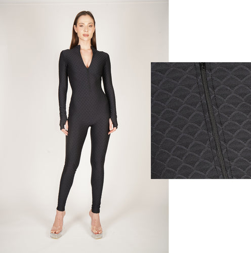 Mermaid Textured Black Front Zip Catsuit