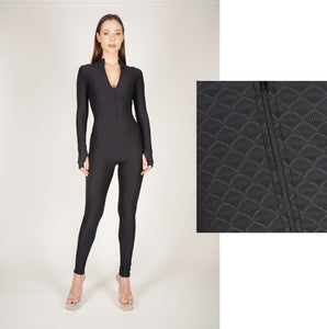 Mermaid Textured Black Front Zip Catsuit