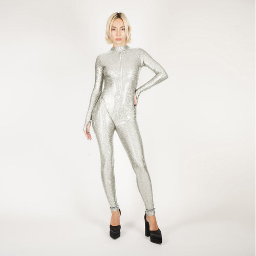Shattered Glass White Front Zipper Catsuit