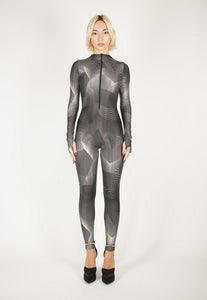 Woman Silver Lines Front Zipper Catsuit