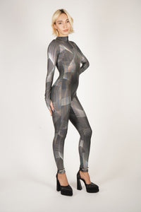 Silver Lines Front Zipper Catsuit