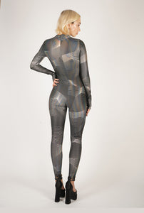 Silver Lines Front Zipper Catsuit
