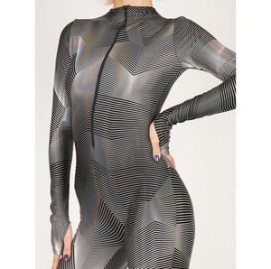 Silver Lines Front Zipper Catsuit