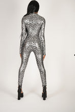 Load image into Gallery viewer, Back Silver Leopard Front Zipper Catsuit