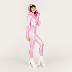 Hooded Shattered Glass Pink Catsuit