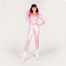 Load image into Gallery viewer, Hooded Shattered Glass Pink Catsuit